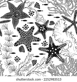 Seamless pattern on the marine theme with underwater plants, starfish, fish, shells on white background. Vector. Perfect for design templates, wallpaper, wrapping, fabric, print and textile.