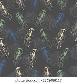 Seamless pattern on a marine theme with bright rainbow jellyfishes and shells, bright fish on a dark background For decorating textiles, packaging and web design.