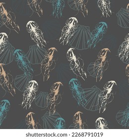 Seamless pattern on a marine theme with bright rainbow jellyfishes and shells, bright fish on a dark background  Seamless marine background with orange, pink, blue and green jellyfish.
