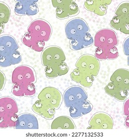 Seamless pattern on a marine theme with bright rainbow jellyfishes and shells, bright fish on a dark background