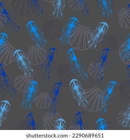 Seamless pattern on a marine theme with bright rainbow jellyfishes and shells, bright fish on a dark background For decoration of textiles, packaging, wallpaper.