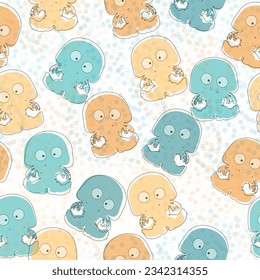 Seamless pattern on a marine theme with bright rainbow jellyfishes and shells, bright fish on a dark background