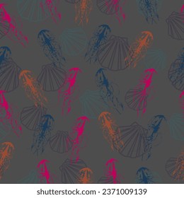 Seamless pattern on a marine theme with bright rainbow jellyfishes and shells, bright fish on a dark background  Hand drawn line art. Wallpaper, textile, print design