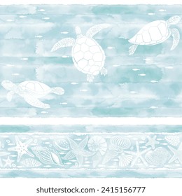 Seamless pattern on a marine theme with turtles, fish and an ornamental stripe with shells and starfish. Vector illustration on blue watercolor background.  Perfect for design templates, wallpaper