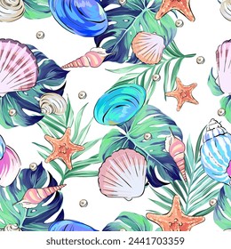 Seamless pattern on a marine theme. Sea, ocean, shells