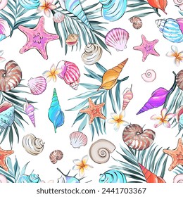 Seamless pattern on a marine theme. Sea, ocean, shells