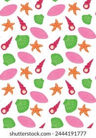 Seamless pattern on a marine theme, shells of different colors and shapes, starfish. Vector illustration for textile, print, wallpaper, wrapping paper on transparent background, vertical.