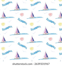 Seamless pattern on a marine theme with a yacht, sun and the inscription - summer