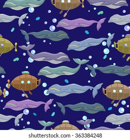 Seamless pattern on the marine theme with whales and ancient submarines