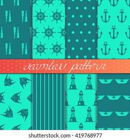 Seamless pattern on the marine theme : helm , anchor, spyglass, lighthouse, fish. Vector. It can be used for backgrounds and wrapping paper . 