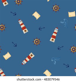Seamless pattern on the marine theme. (Lighthouse, Wave, treasure map, helm, anchor). Blue background. Vector.