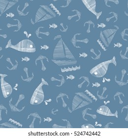 Seamless pattern on the marine theme: ship, anchor, whale, fish