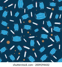 Seamless pattern on a medical theme. Vaccination and protection against the virus. Masks, syringes and virus on a blue background