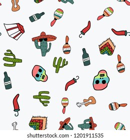 Seamless pattern on Mexico theme in doodle style. Sombrero, poncho, tequila, skull, guitar, pyramid, chilli pepper, cactus. Travel concept.
