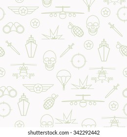 Seamless pattern on military issues with a skull, aircraft, military helicopter, grenade parachute, military binocular, ship, sword and explosion. Vector war texture.