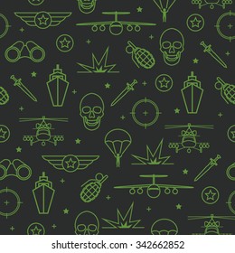 Seamless pattern on military issues with a skull, aircraft, military helicopter, grenade parachute, military binocular, ship, sword and explosion. Vector war texture.