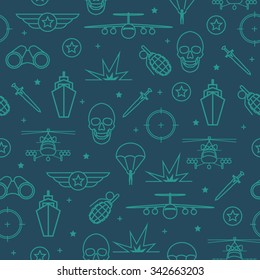 Seamless pattern on military issues with a skull, aircraft, military helicopter, grenade parachute, military binocular, ship, sword and explosion. Vector war texture.