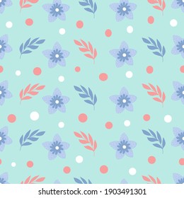 Seamless pattern on a mint background, in vector graphics - blue  flowers and leaves. For decorating wallpaper, textiles, covers, prints for wrapping paper, clothing, packaging.