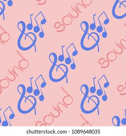 Seamless pattern on a musical theme with violin key and notes drawn by hand.  Vector illustration.