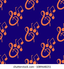 Seamless pattern on a musical theme with violin key and notes drawn by hand.  Vector illustration.