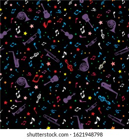 Seamless pattern on a musical theme, consisting of colored musical notes, musical instruments and stars. Vector illustration isolated on a black background.