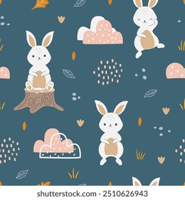 Seamless pattern on navy blue background with cute rabbit in the forest. Forest animal background for kid. For fabric, wallpaper, wrapping paper, kids apparel, baby product. Vector illustration