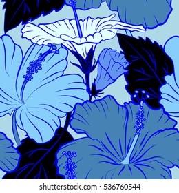 Seamless pattern on neutral background. Vector multicolor hibiscus flower with leaves and buds.