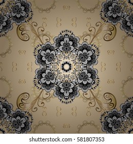 Seamless pattern on neutral background with golden elements and white doodles. Traditional orient ornament. Seamless classic vector golden pattern. Classic vintage background.