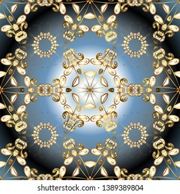 Seamless pattern on neutral and blue colors with golden elements. Traditional orient ornament. Classic vintage background. Seamless classic vector golden pattern.