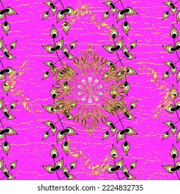 Seamless pattern on neutral, magenta and yellow colors with golden elements. Seamless golden pattern. Vector oriental ornament.
