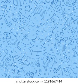 Seamless pattern on new year theme with funny cartoon pigs and snowflakes, dark blue icons on blue background