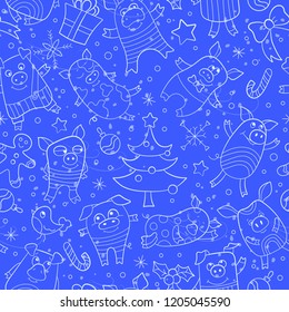 Seamless pattern on new year theme with funny cartoon pigs and snowflakes, light  icons on blue background