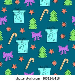Seamless pattern on a new year theme with gifts and bows
