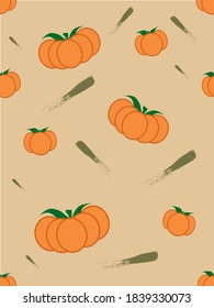Seamless pattern on ocher background with little and big pumpkins and brushstrokes. Halloween.Designed for print, social media,wallpaper, background