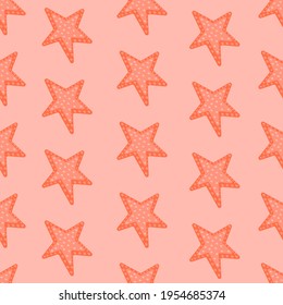 seamless pattern on orange background with starfish arranged in rows