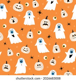 Seamless pattern on an orange background. Pumpkins, ghosts, spiders, eyes and stars in a flat style. Frightening grimaces. Different emotions. Halloween. Vector illustration. For wrapping paper, texti