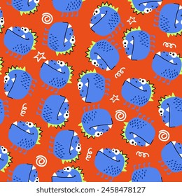 seamless pattern on a orange background with multi-colored monsters. For boys and girls.