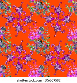 Seamless pattern on orange background with colorful doodles elements. Vector.