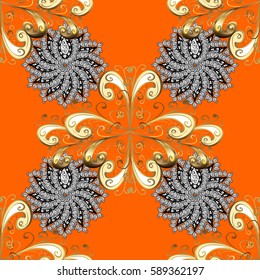 Seamless pattern on orange background with golden elements. Seamless classic vector golden pattern. Traditional orient ornament, classic vintage background.