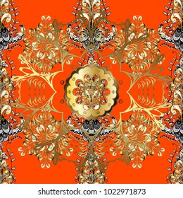 Seamless pattern on orange, brown and neutral colors with golden elements and white doodles. Classic vintage background. Traditional orient ornament. Seamless classic vector golden pattern.