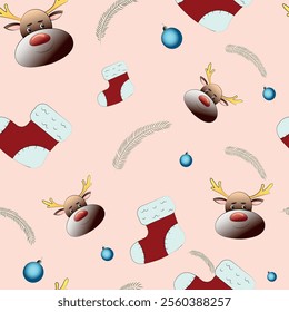 Seamless pattern on packaging deer, Christmas ball and sock. Vector illustration. Isolated