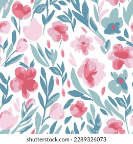 Seamless pattern on paper texture. Floral background.Vector flower continuous, seamless watercolor flower, floral pattern, flowing repeat pattern, pink and red  blue floral