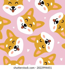 Patrón sin foco en un fondo rosado con las caras lindas de los perros Corgi o Inu, corazones blancos al estilo de planos, dibujos animados. Para impresiones sobre textiles para niños, cuadernos, postales, carteles. Vector