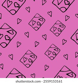 Seamless pattern on pink background with notebooks with hearts