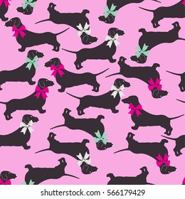 seamless pattern on a pink background with dogs, dachshunds with bows