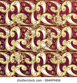 Seamless pattern on pink background with golden elements. Seamless classic vector golden pattern. Classic vintage background. Traditional orient ornament.