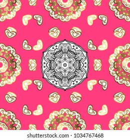 Seamless pattern on pink, white and brown colors with golden elements. Seamless classic vector golden pattern. Traditional orient ornament, classic vintage background.