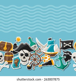 Seamless pattern on pirate theme with stickers and objects.