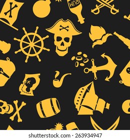 Seamless pattern on pirate theme with objects and elements.