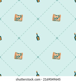 Seamless pattern on a pirate's theme. Vector illustration. Secret message in a bottle and treasure map. Pirate collection. Graphic print for fabrics, gift paper, cards and baby items